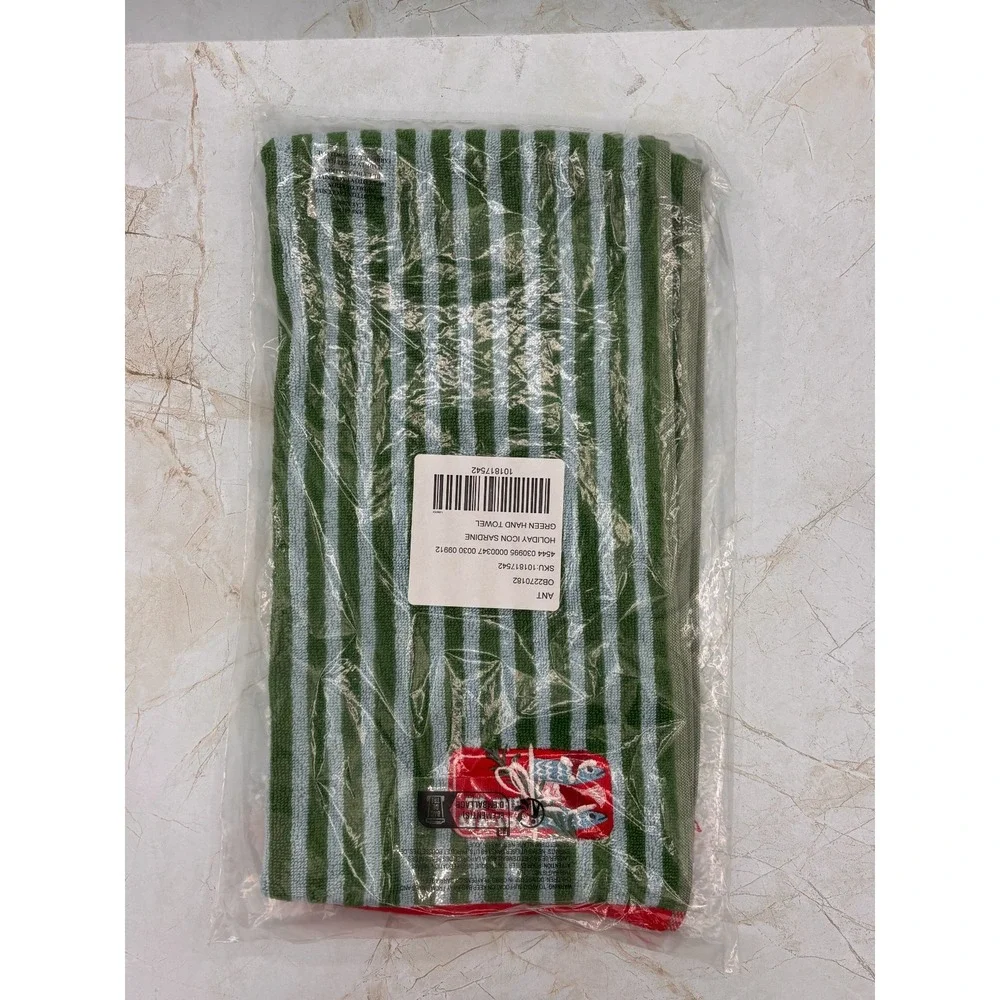 Anthropologie 'Tis The Season Green‎ Hand Towel Holiday Icon Striped 100% Cotton